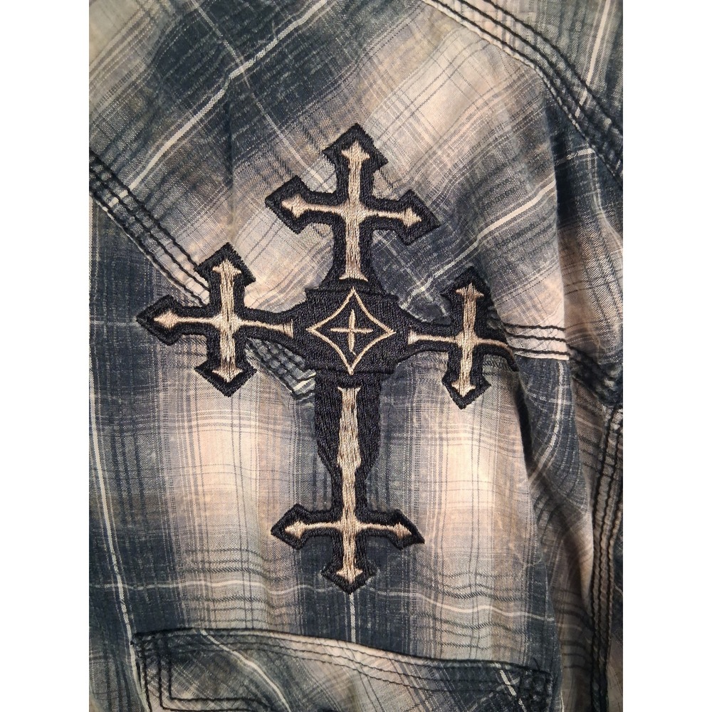 Gothic Western Panhandle Slim Pearl Snap Shirt Mens XL Gray Plaid Embroidered - Picture 3 of 11